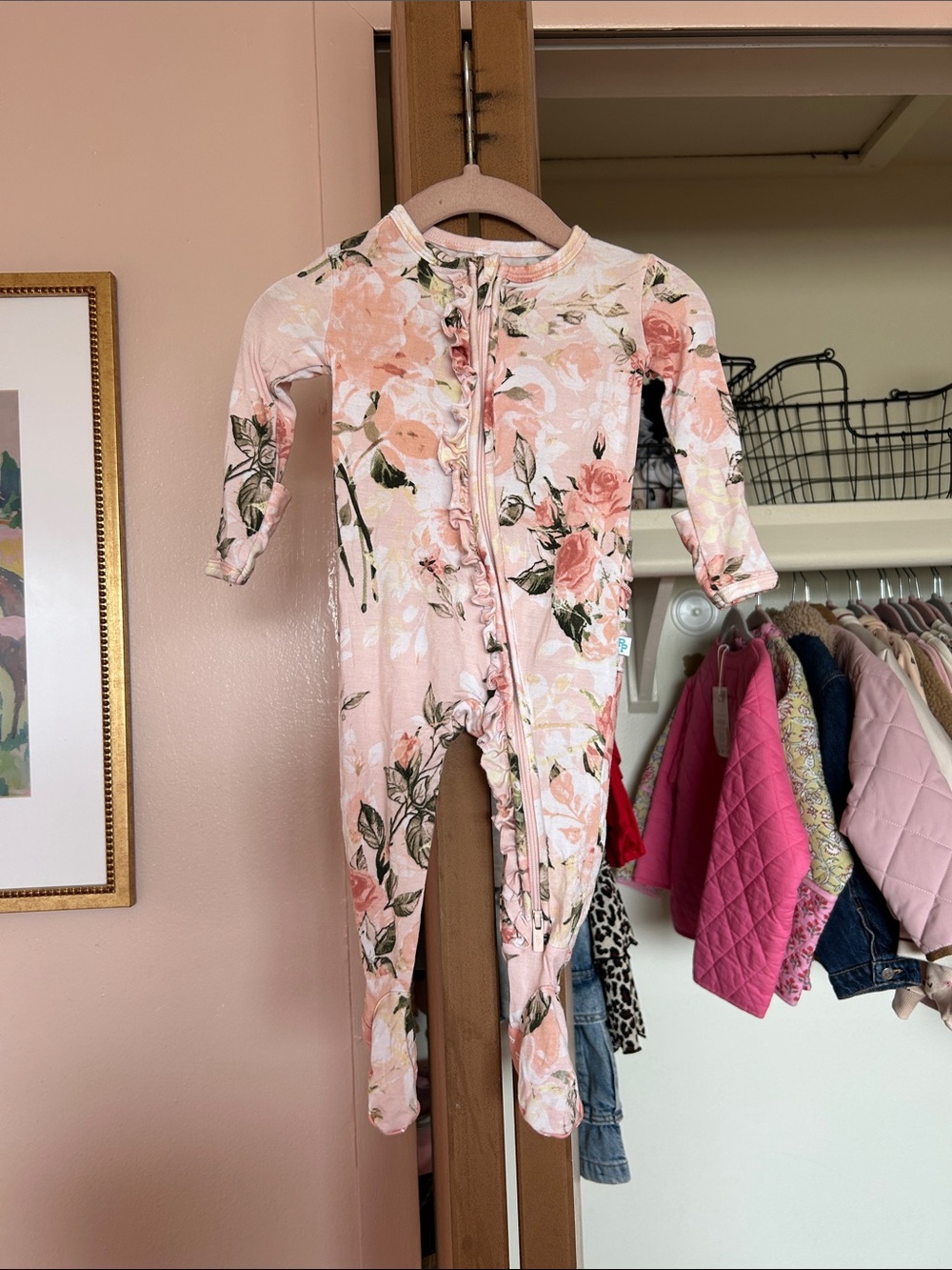 Posh Peanut Pink Rose Print Ruffle Zip Footie